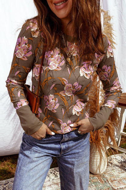 Filomena Floral Print Waffle Knit Long Sleeve Top