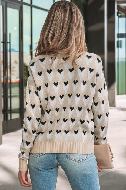 Geo Heart Pattern Ribbed Sweater