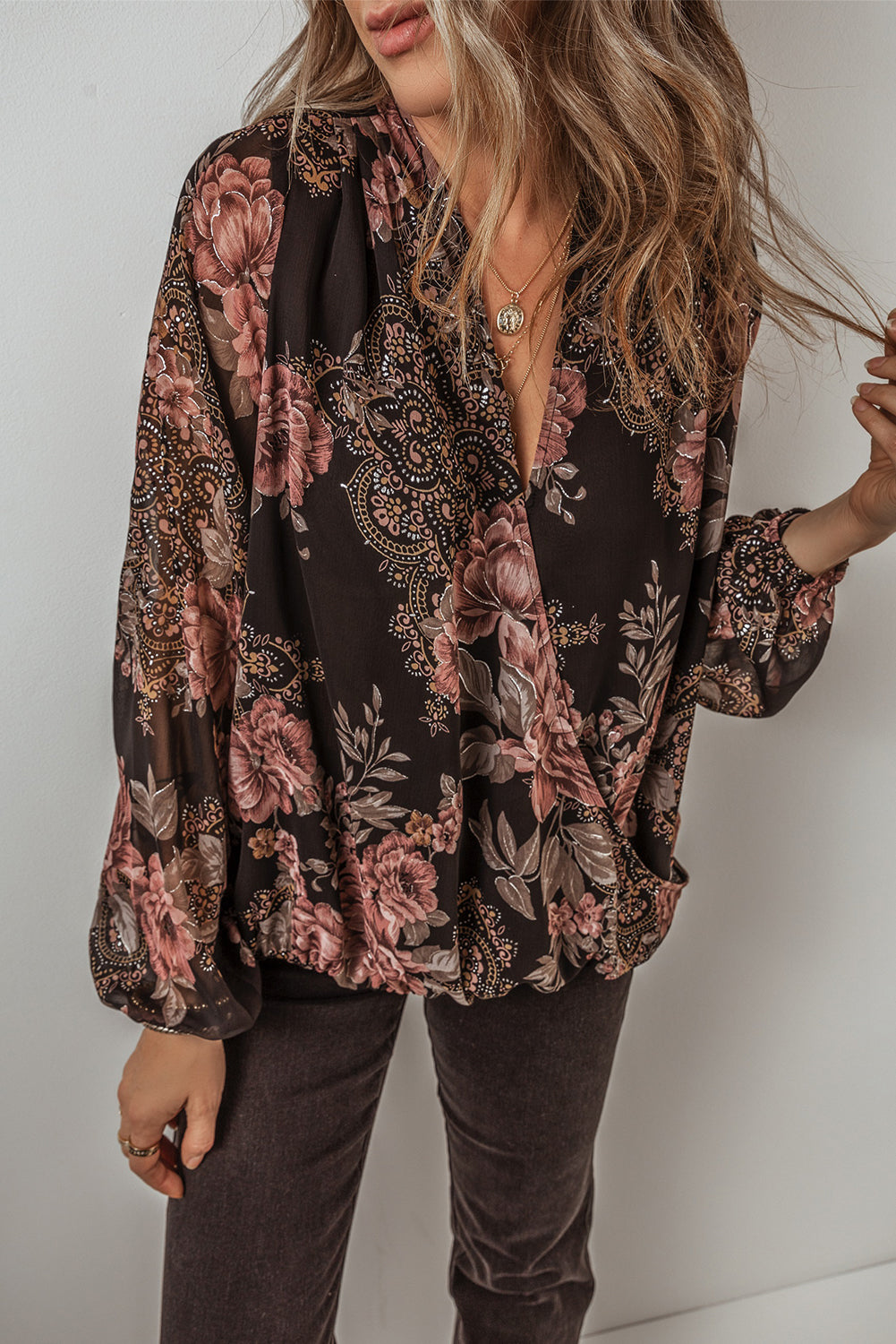 Glitter Accent Floral Surplice Blouse