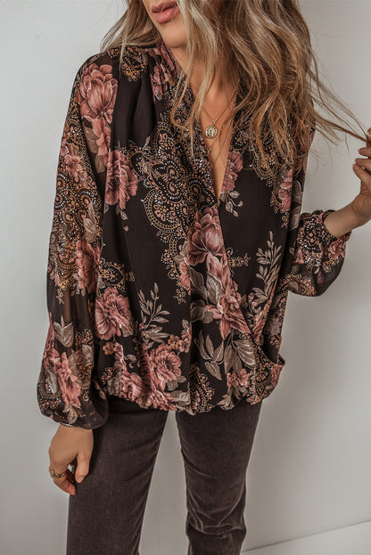 Glitter Accent Floral Surplice Blouse