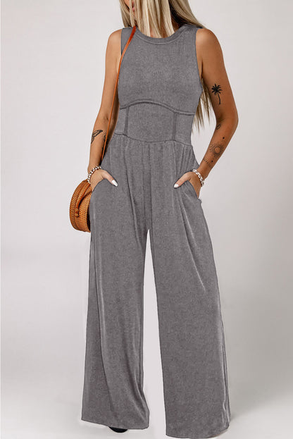 Solid Color Cinched Waist Sleeveless Wide Leg Jumpsuit