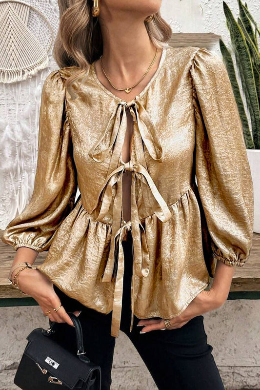 Golden Metallic Ribbon Front Baby Doll Blouse