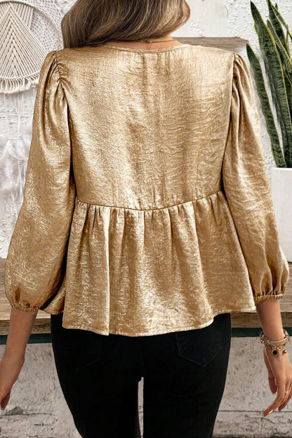 Golden Metallic Ribbon Front Baby Doll Blouse