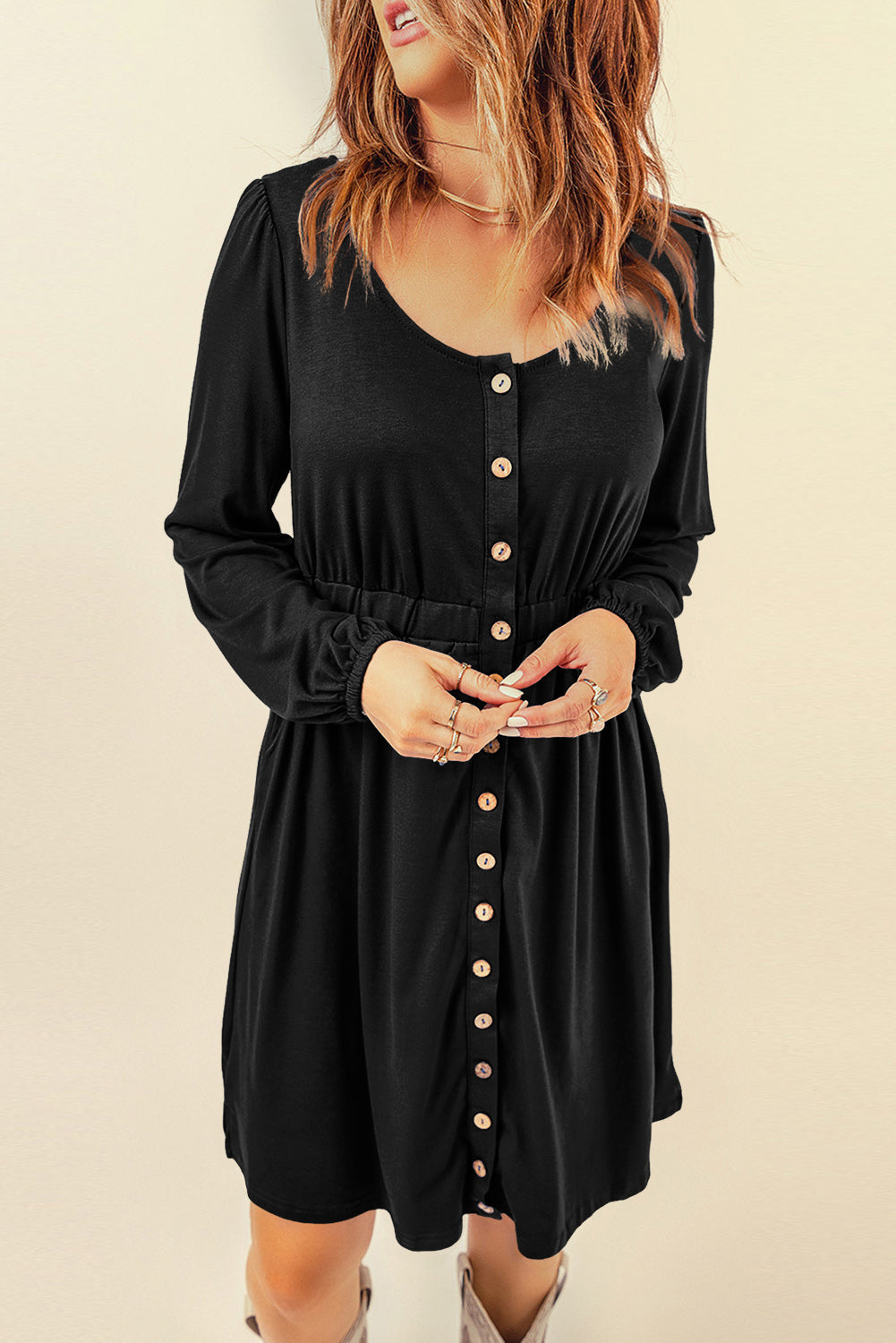 Belle Button Down Cinched Waist Long Sleeve Dress