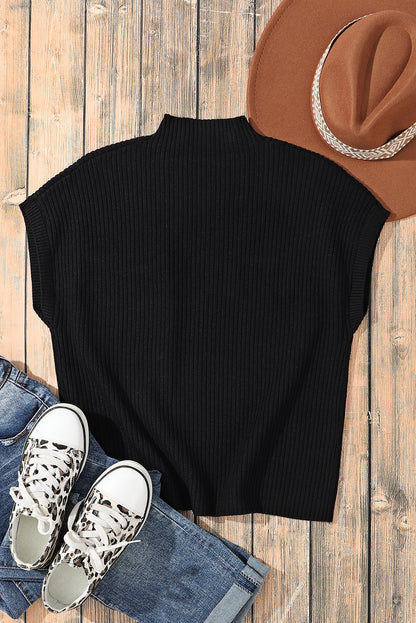 Front Patch Pocket Ribbed Knit Short Sleeve Sweater