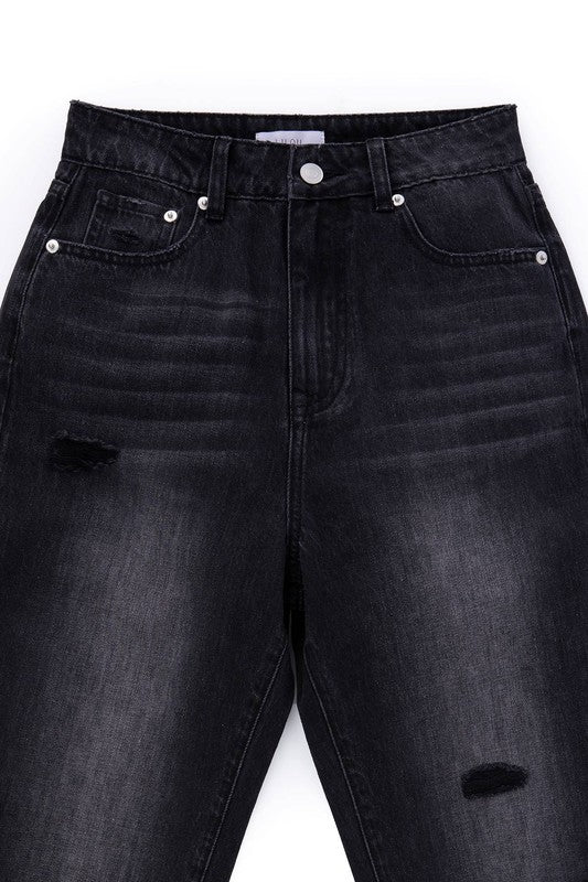 Black Distressed Straight Denim