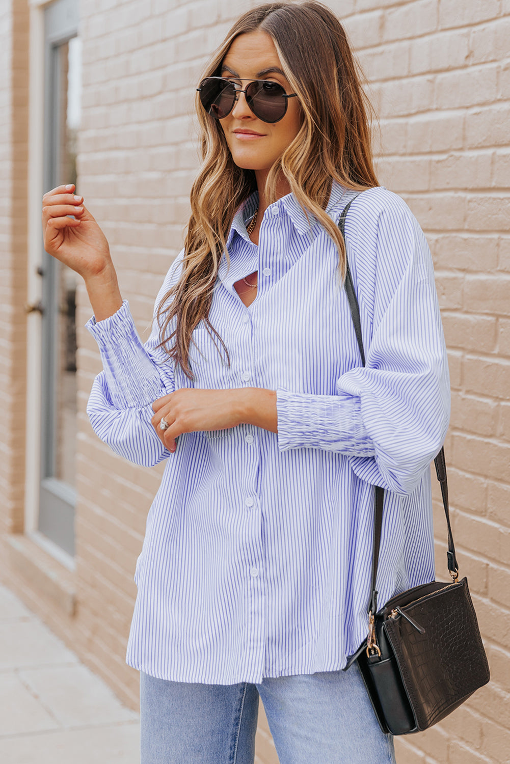 Sagamore Buttoned Striped Shirred Cuff Blouse