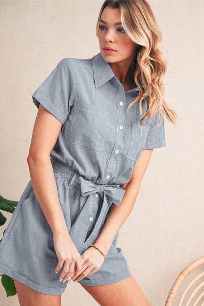 Yacht Club Striped Buttoned Belted Romper