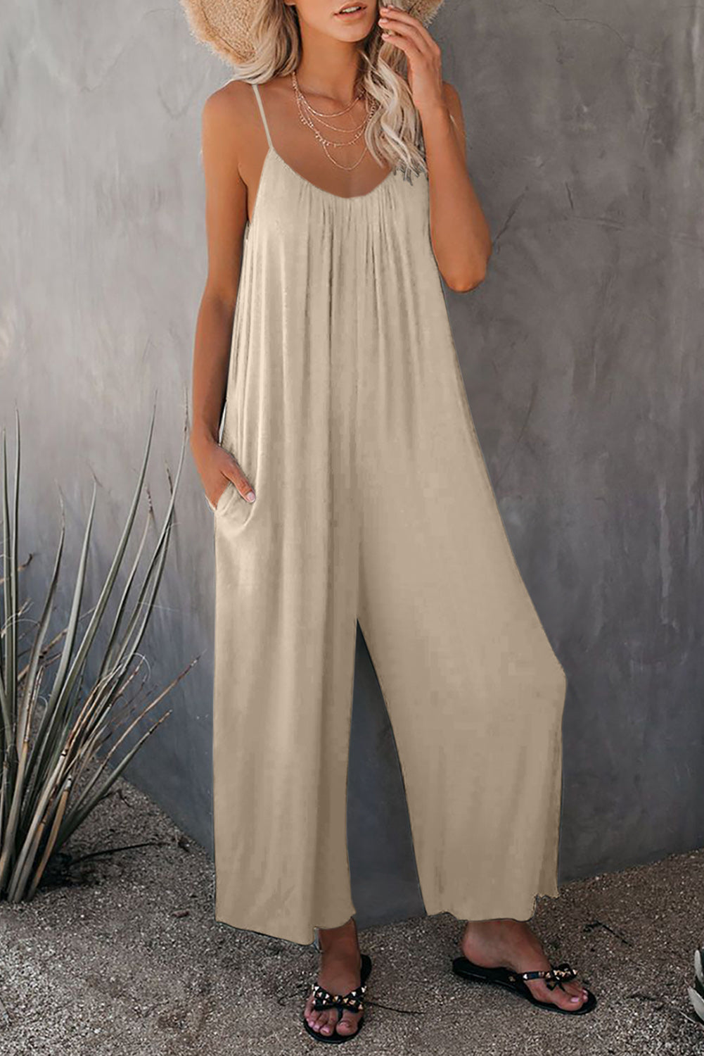 Jamie Natural Wide Leg Pocketed Jumpsuit