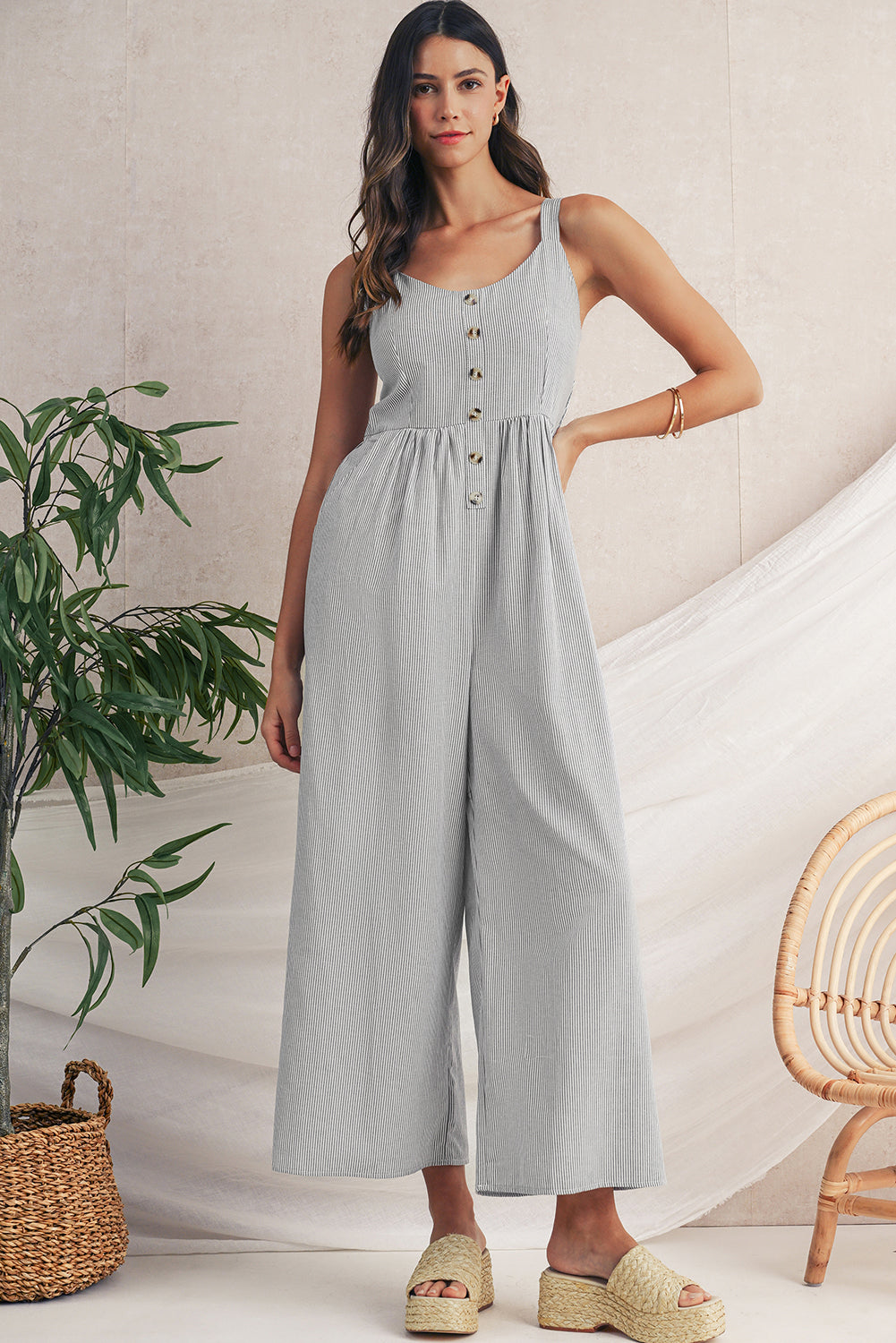Coastal Pinstripe Wide Leg Sleeveless Jumpsuit