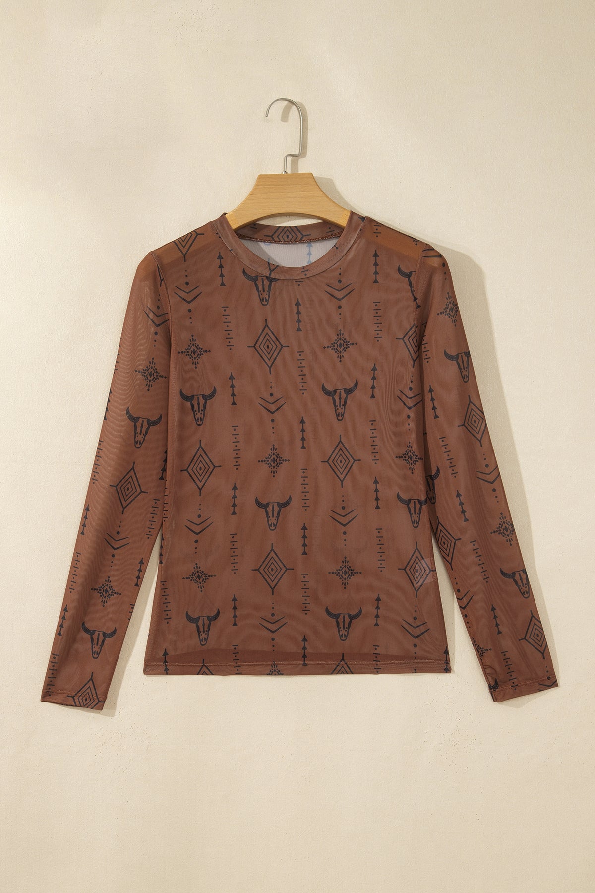 Western Nights Printed Mesh Long Sleeve Top