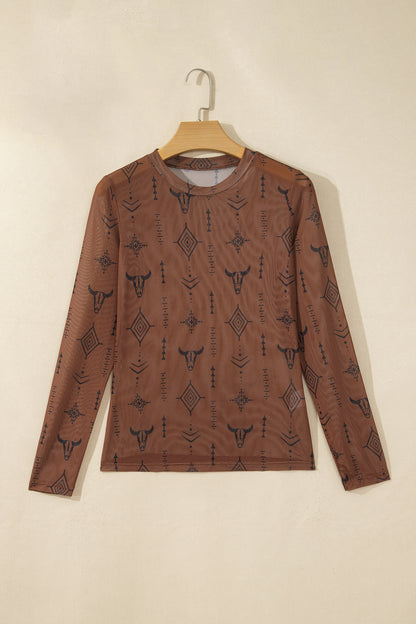 Western Nights Printed Mesh Long Sleeve Top