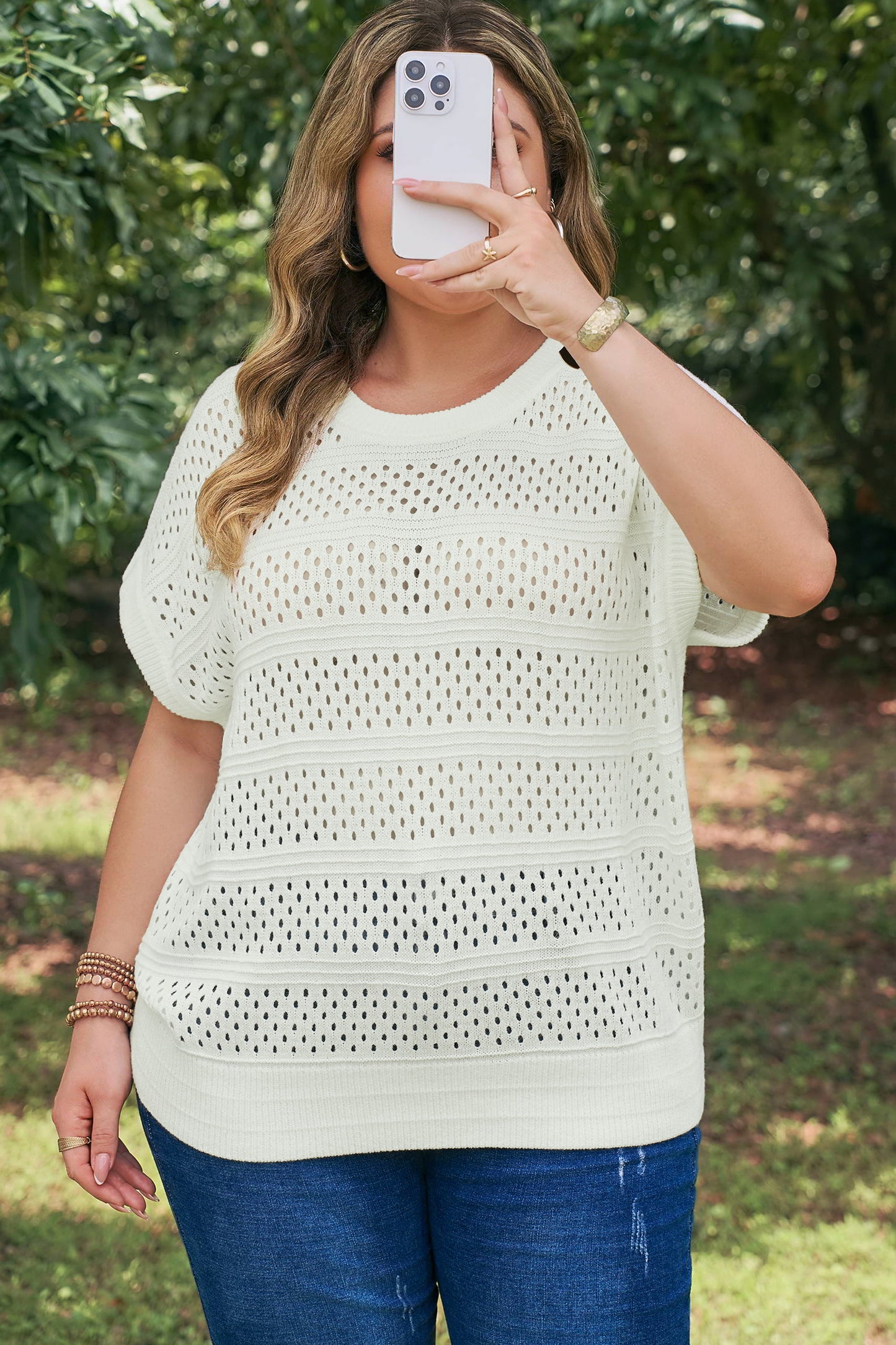 Curvy Justina Eyelet Knit Short Sleeve Top