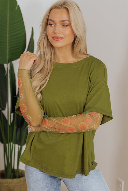 Green Faux 2 Piece Mesh Floral Long Sleeve Top