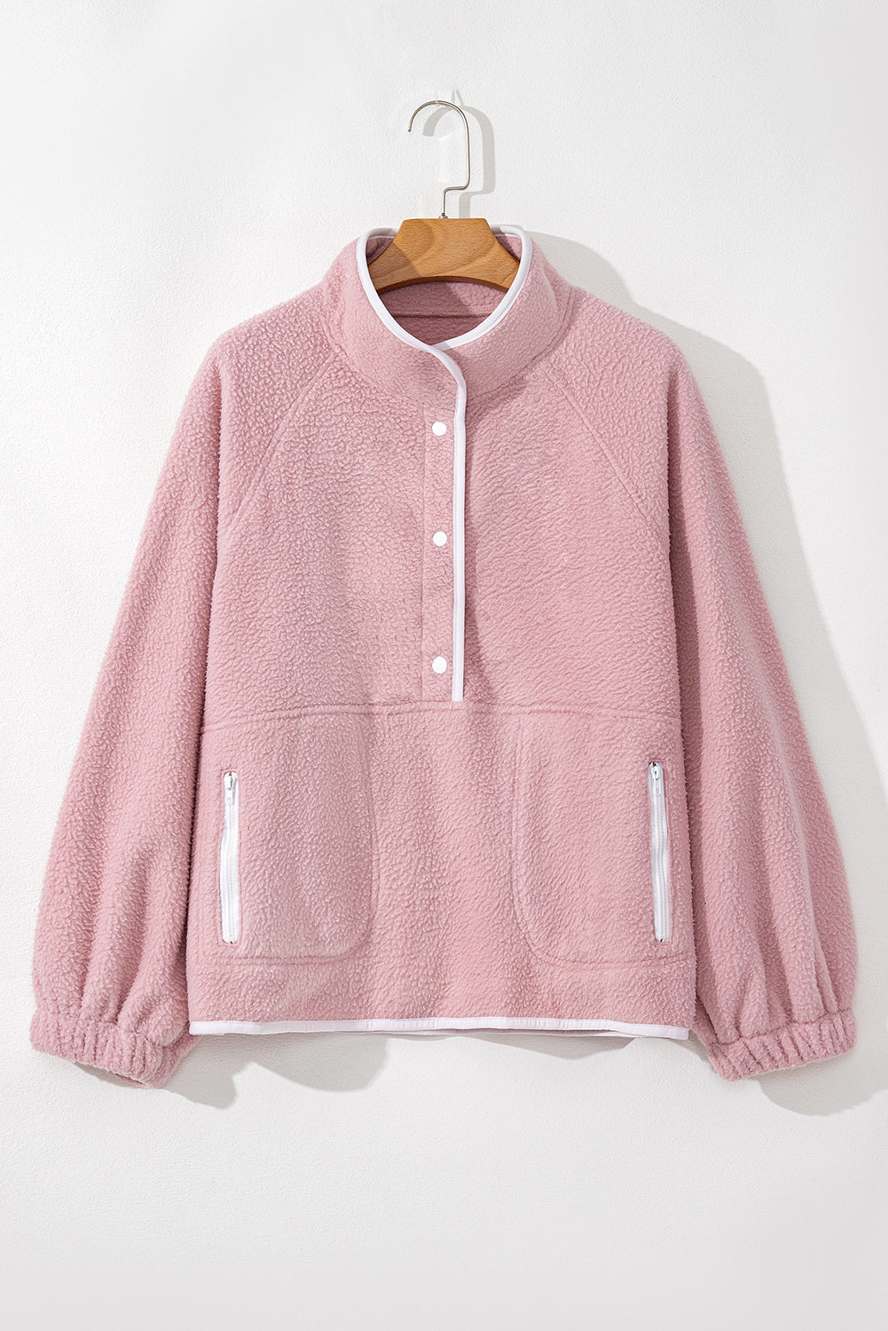 Blush Pink Half Button Zip Pocket Plush Pullover