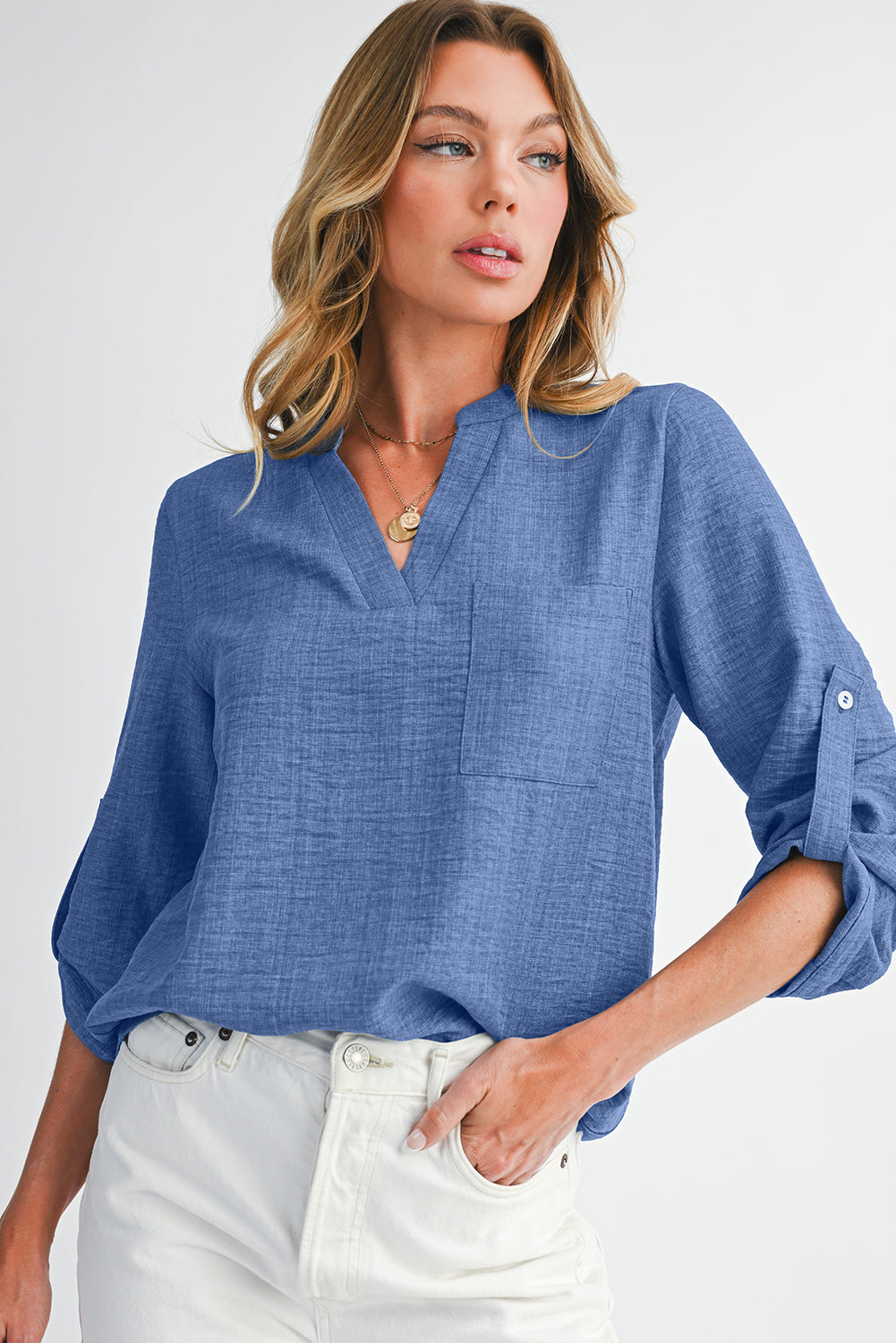 Ashley Chest Pocket Button Sleeve Top