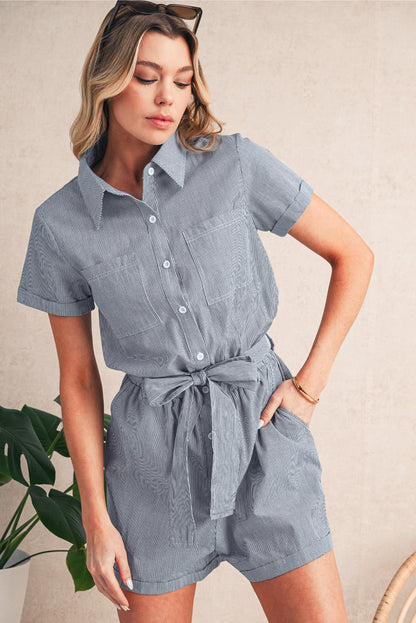 Yacht Club Striped Buttoned Belted Romper