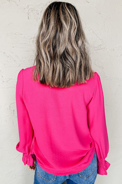 Solid Color Shirred Cuff Notch V Neck Blouse