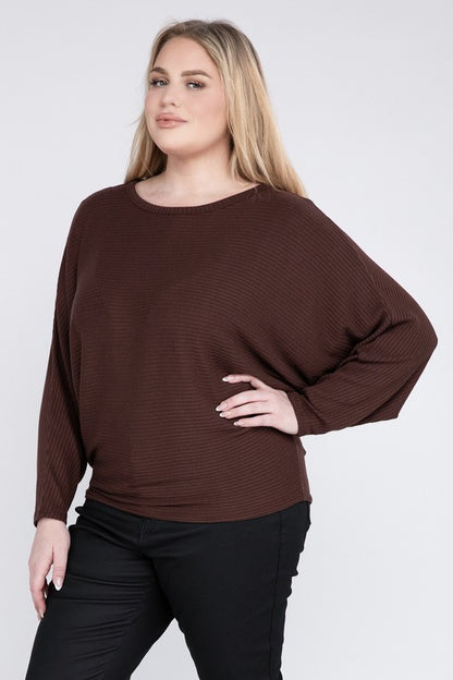 Curvy Ribbed Batwing Long Sleeve Boat Neck Sweater