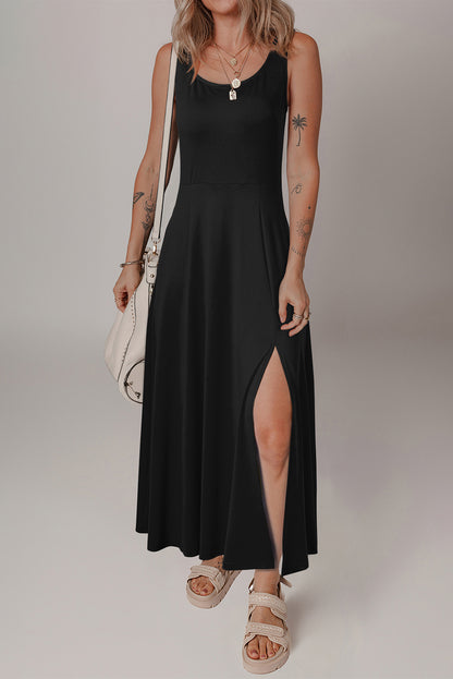 Seasonless Solid Slit Midi Dress