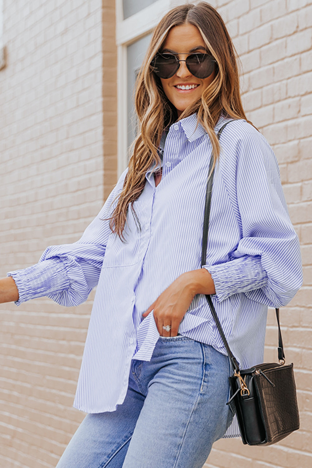 Sagamore Buttoned Striped Shirred Cuff Blouse