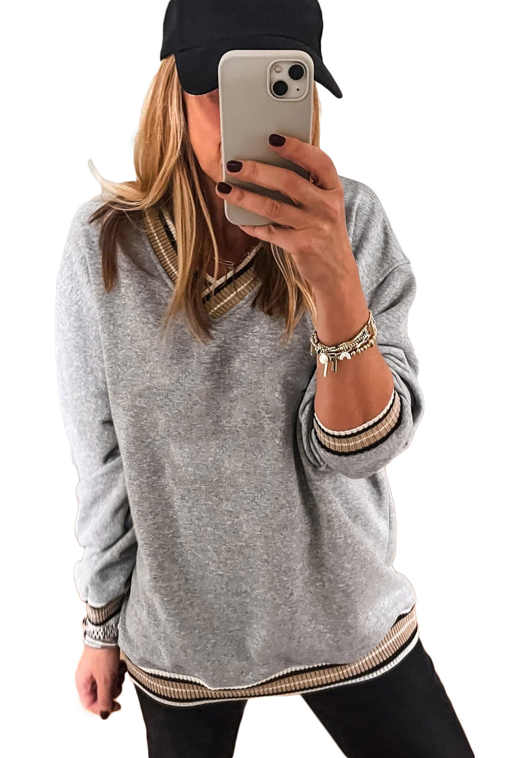 Kristen Varsity Contrast Trim V Neck Pullover