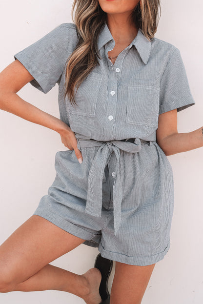 Yacht Club Pinstriped Buttoned Belted Romper