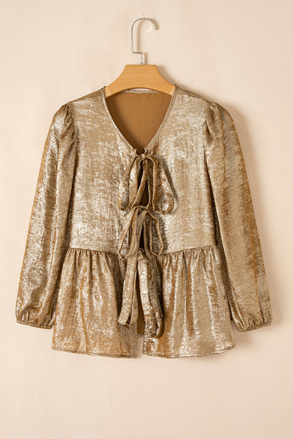 Golden Metallic Ribbon Front Baby Doll Blouse