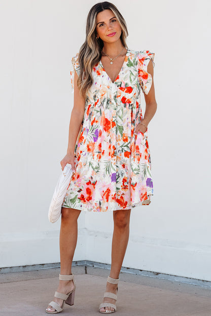 Antigua Watercolor Floral V Neck Mini Dress