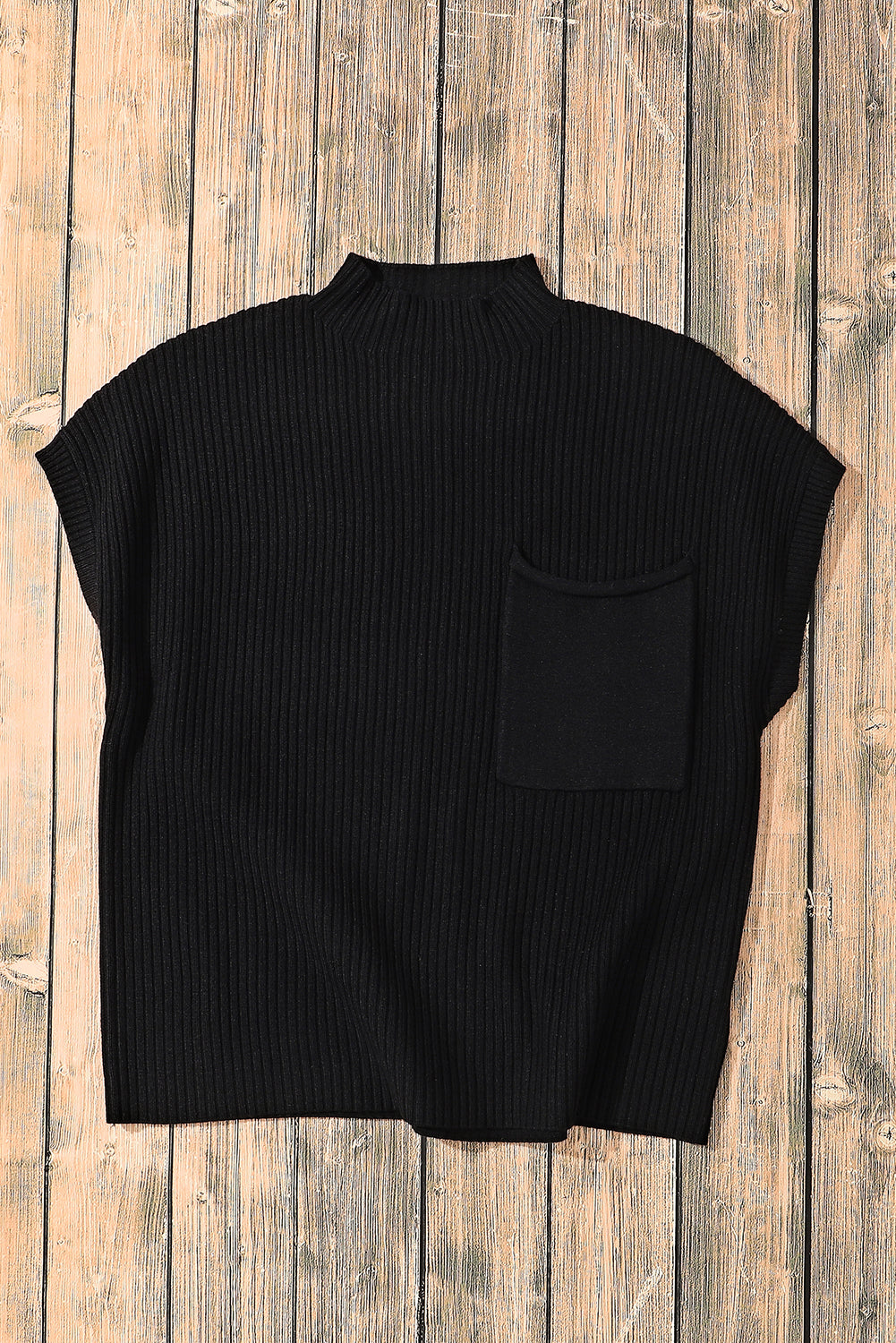 Front Patch Pocket Ribbed Knit Short Sleeve Sweater