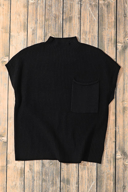 Front Patch Pocket Ribbed Knit Short Sleeve Sweater