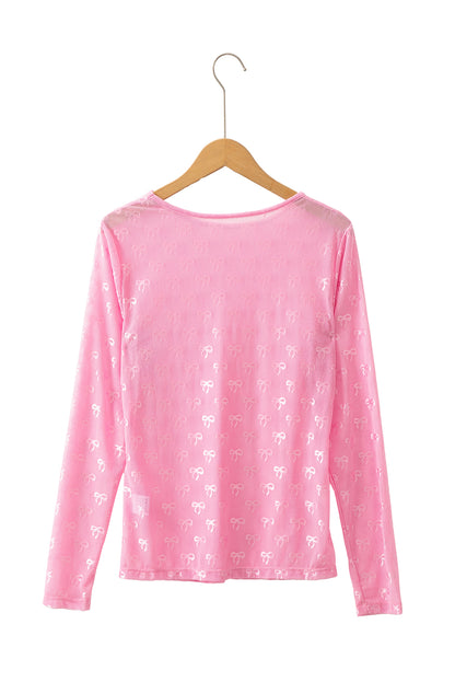 Ribbon Pattern Long Sleeve Slim Fit Mesh Top