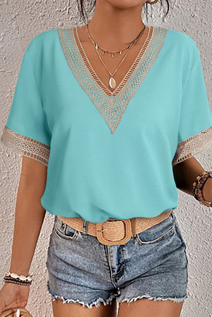 Shauna Lace Trim V Neck Short Sleeve Blouse