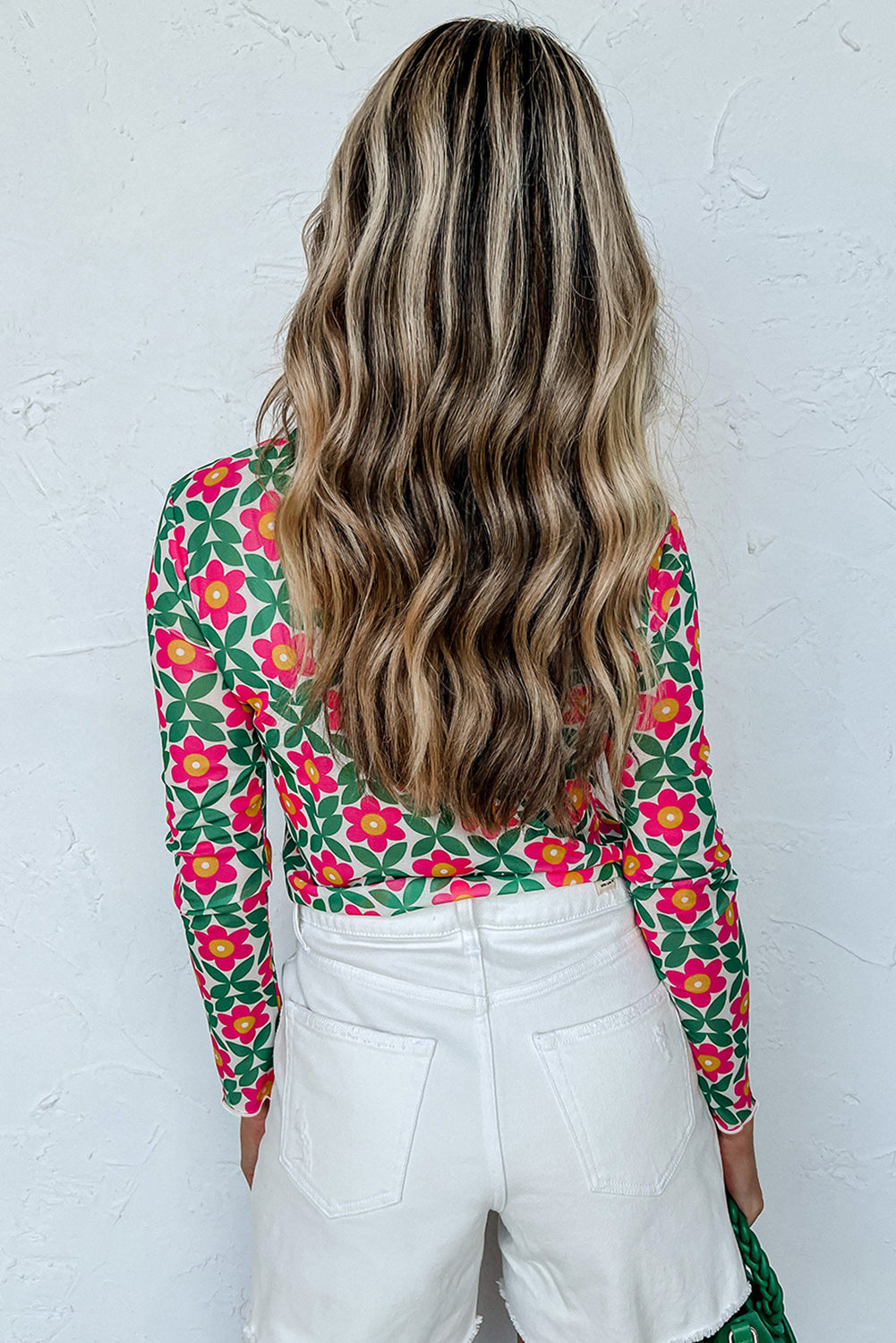 Retro Floral Print Stretchy Long Sleeve Top