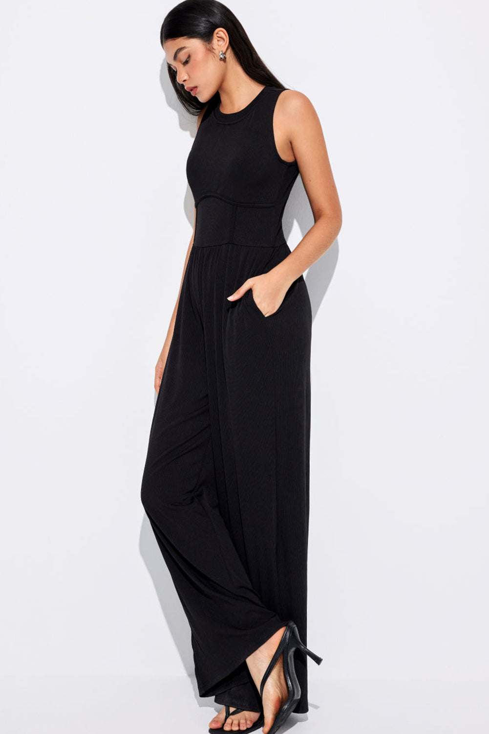 Solid Color Cinched Waist Sleeveless Wide Leg Jumpsuit