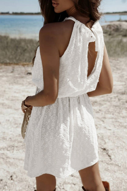 Evelyne Eyelet Halter Tie Waist Mini Dress