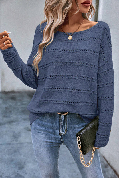 Gia Navy Boat Neck Pointelle Knit Sweater