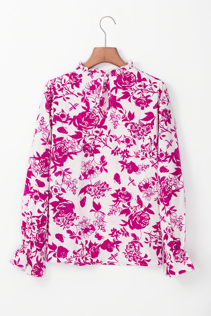 Floral Print Flounce Sleeve Keyhole Back Blouse