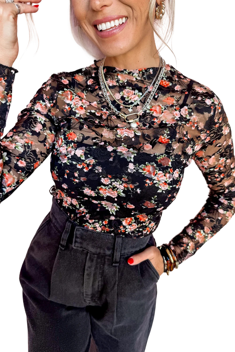 Black Floral Mesh Sheer Long Sleeve Top