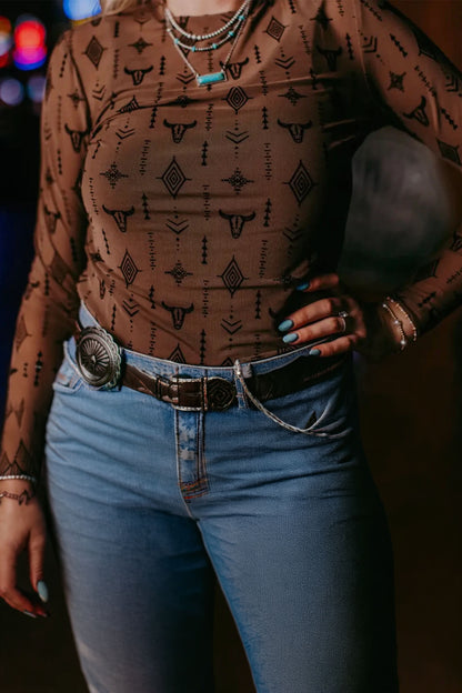 Western Nights Printed Mesh Long Sleeve Top