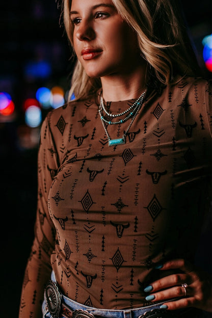 Western Nights Printed Mesh Long Sleeve Top