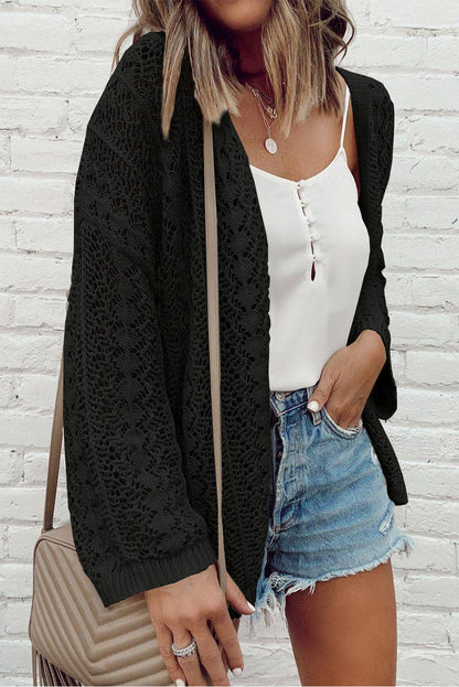 Crochet Knit Drop Shoulder Open Cardigan