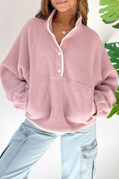 Blush Pink Half Button Zip Pocket Plush Pullover