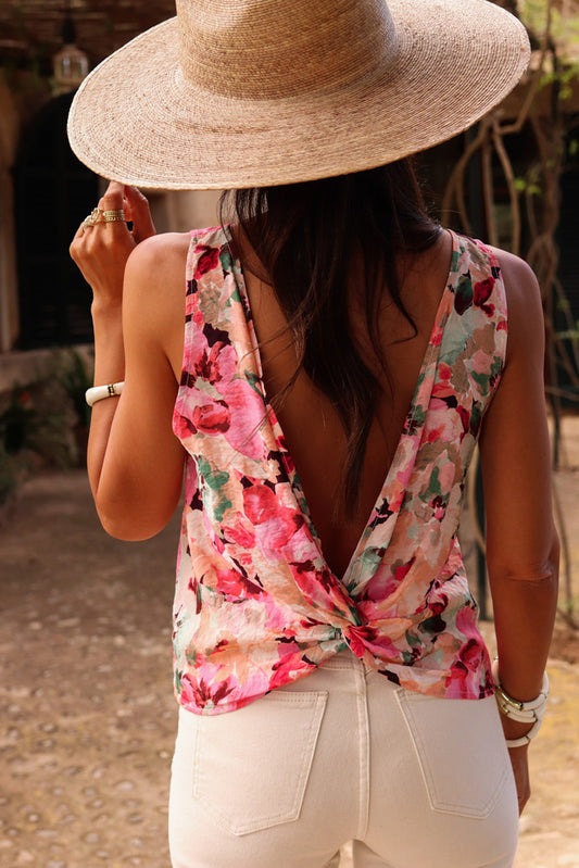 Watercolor Twisted Open Back Sleeveless Blouse