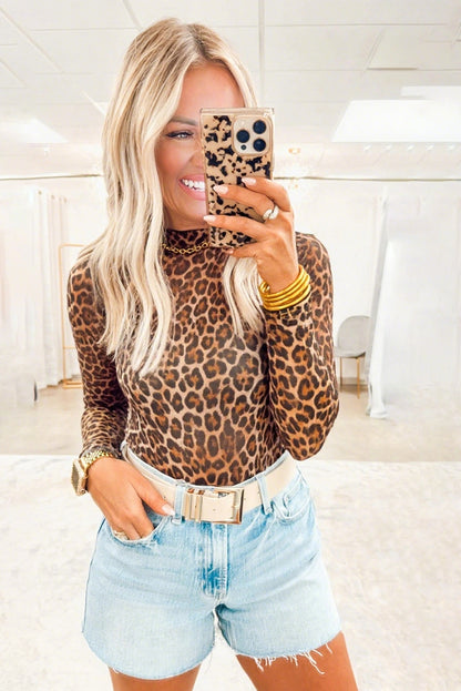Safari Mock Neck Leopard Mesh Top