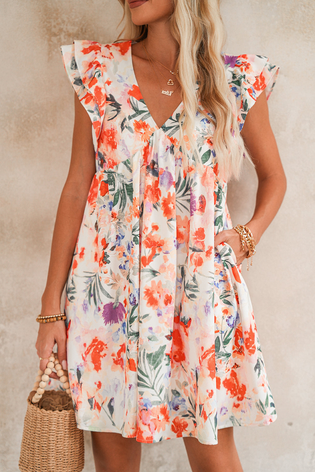 Antigua Watercolor Floral V Neck Mini Dress
