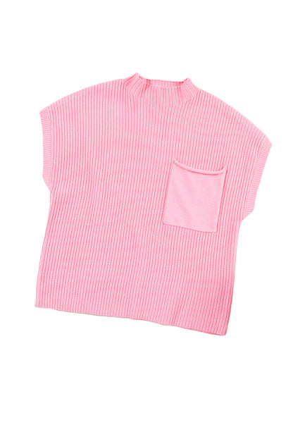 Front Patch Pocket Ribbed Knit Short Sleeve Sweater