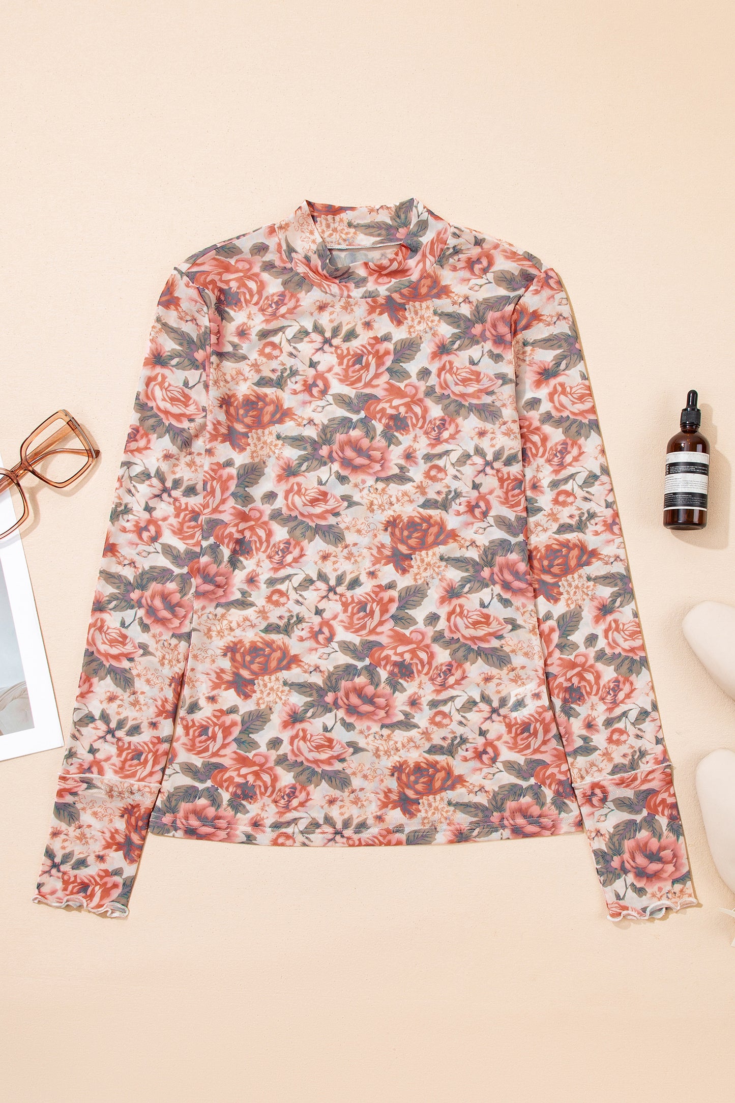 Vintage Floral Print Mesh Long Sleeve Top