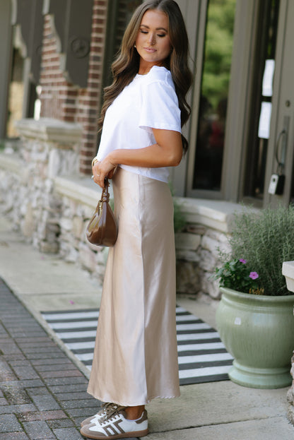 Champagne Satin Solid Color High Waist Maxi Skirt