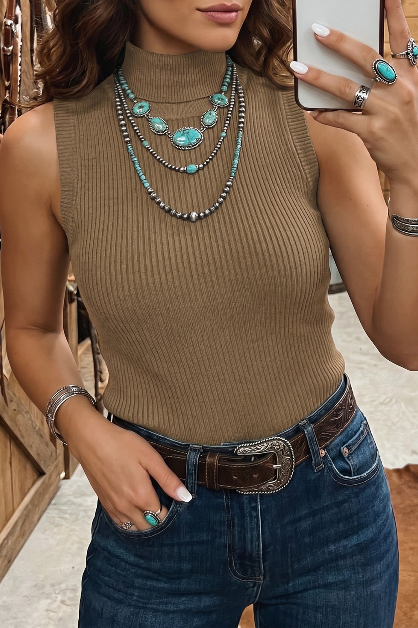 Diane Ribbed Turtle Neck Fitted Sleeveless Sweater